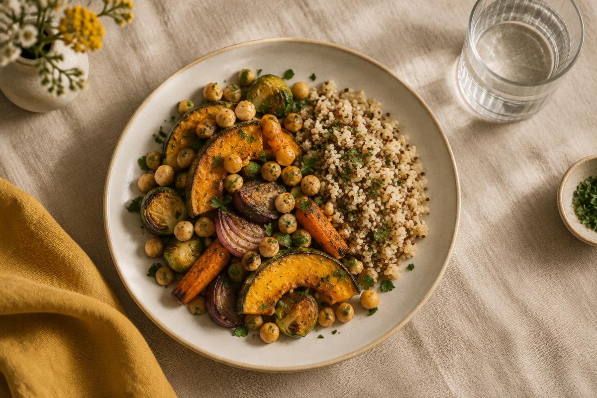 Une assiette variée, légumes et pois chiches.