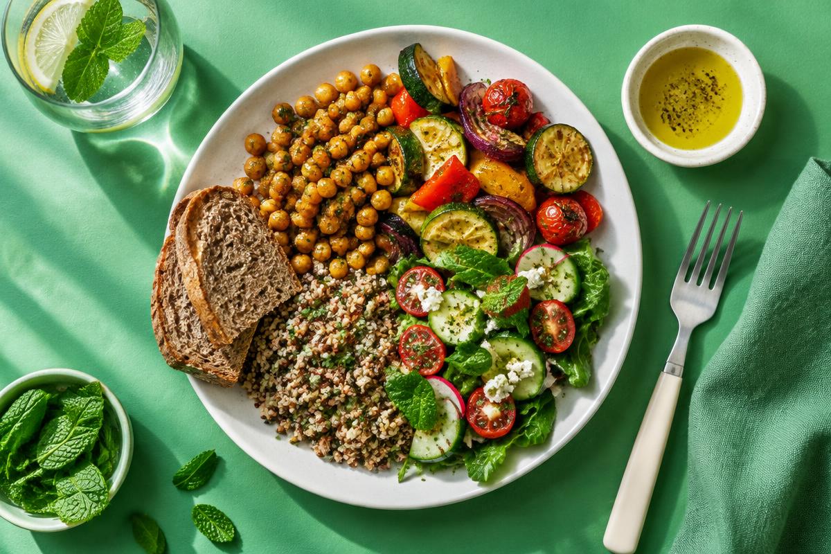 Une assiette variée, légumes et pois chiches.